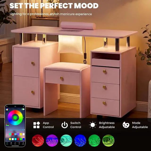 Alt view image 4 of 7 - Nail Desk & Storage Stool Set for Nail Tech, Manicure Table w/Electric Dust Collector, LED Lights, Rolling Wheels, Hidden Storage Seat, Acetone Resistant, Professional Salon Workstation (Pink)