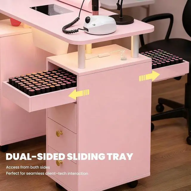 Alt view image 5 of 7 - Nail Desk & Storage Stool Set for Nail Tech, Manicure Table w/Electric Dust Collector, LED Lights, Rolling Wheels, Hidden Storage Seat, Acetone Resistant, Professional Salon Workstation (Pink)