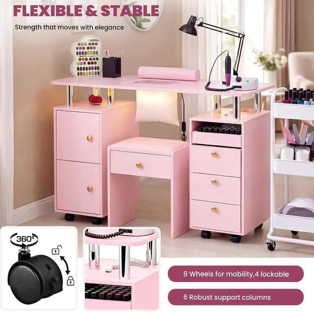 Alt view image 6 of 7 - Nail Desk & Storage Stool Set for Nail Tech, Manicure Table w/Electric Dust Collector, LED Lights, Rolling Wheels, Hidden Storage Seat, Acetone Resistant, Professional Salon Workstation (Pink)