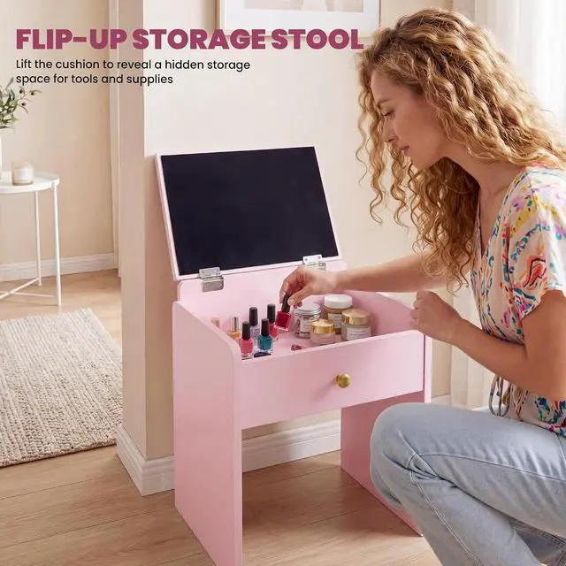 Alt view image 7 of 7 - Nail Desk & Storage Stool Set for Nail Tech, Manicure Table w/Electric Dust Collector, LED Lights, Rolling Wheels, Hidden Storage Seat, Acetone Resistant, Professional Salon Workstation (Pink)
