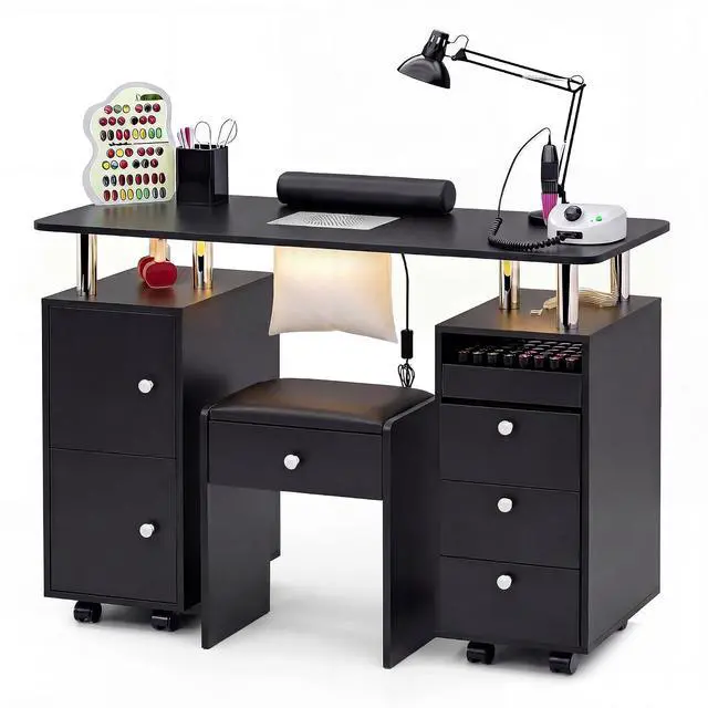 Main image of Nail Desk & Storage Stool Set for Nail Tech, Manicure Table w/Electric Dust Collector, LED Lights, Rolling Wheels, Hidden Storage Seat, Acetone Resistant, Professional Salon Workstation (Black)