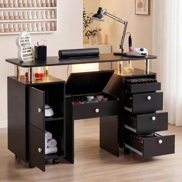Alt view image 2 of 7 - Nail Desk & Storage Stool Set for Nail Tech, Manicure Table w/Electric Dust Collector, LED Lights, Rolling Wheels, Hidden Storage Seat, Acetone Resistant, Professional Salon Workstation (Black)