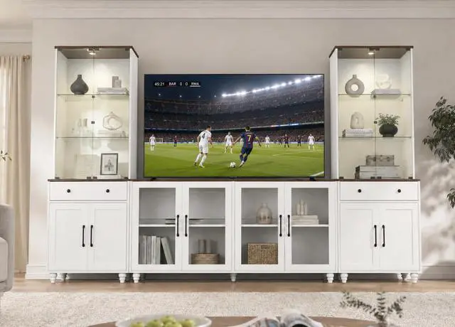 Main image of 116.5" Entertainment Center for TVs up to 75 | Glass Display Cabinets with Spotlights, Adjustable Shelf, Elevated Leg Design for Living Room, Bedroom