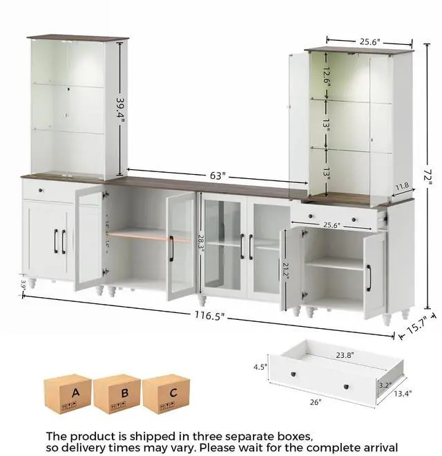 Alt view image 2 of 7 - 116.5" Entertainment Center for TVs up to 75 | Glass Display Cabinets with Spotlights, Adjustable Shelf, Elevated Leg Design for Living Room, Bedroom