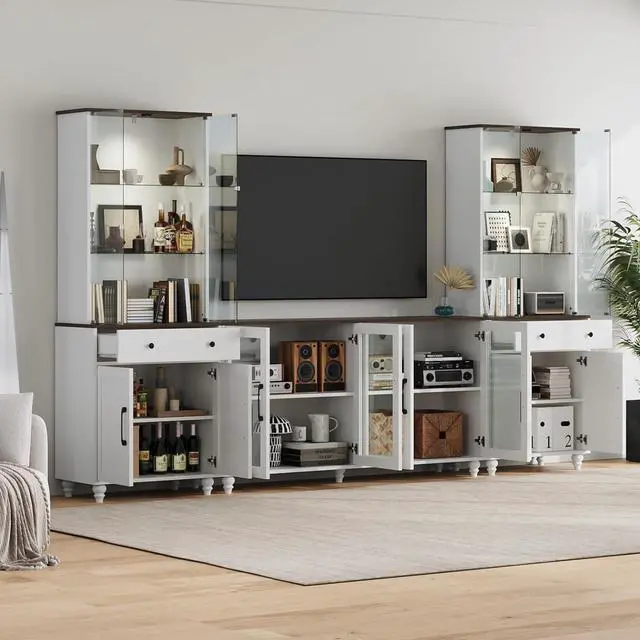Alt view image 4 of 7 - 116.5" Entertainment Center for TVs up to 75 | Glass Display Cabinets with Spotlights, Adjustable Shelf, Elevated Leg Design for Living Room, Bedroom