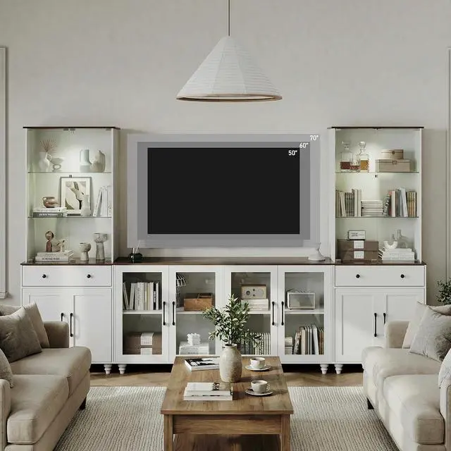 Alt view image 6 of 7 - 116.5" Entertainment Center for TVs up to 75 | Glass Display Cabinets with Spotlights, Adjustable Shelf, Elevated Leg Design for Living Room, Bedroom