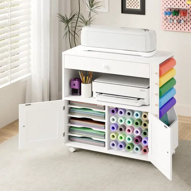 Main image of Rolling Craft Storage Cabinet for Cricut Machine | Organizer Cabinet with Drawers, 30 Vinyl Roll Holder, Mobile Workstation for Home Craft Room