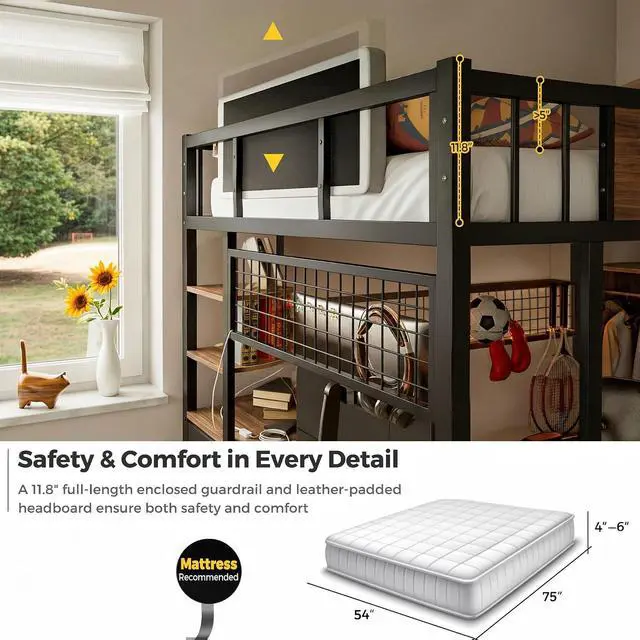 Alt view image 6 of 7 - Full Size Loft Bed with Desk and Stairs, Headboard, Wardrobe, Bedside Storage Shelf, 6 Drawers, Charging Station & LED Light, Metal Gaming Loft Bed Frame for Adult Space-Saving, Black & Walnut