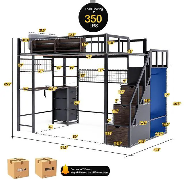 Alt view image 2 of 7 - Twin Loft Bed with Desk, Storage Stairs & Wardrobe, Metal Loft Bed Frame w/Headboard, Bedside Shelf, Charging Station & 6 Drawers, LED Gaming Bed for Adult Space-Saving, Black & Walnut