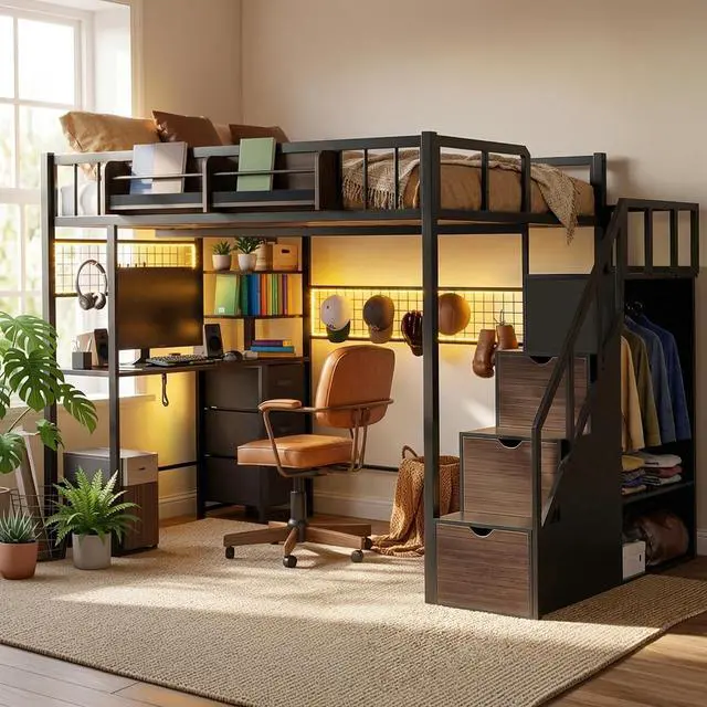 Main image of Twin Loft Bed with Desk, Storage Stairs & Wardrobe, Metal Loft Bed Frame w/Headboard, Bedside Shelf, Charging Station & 6 Drawers, LED Gaming Bed for Adult Space-Saving, Black & Walnut