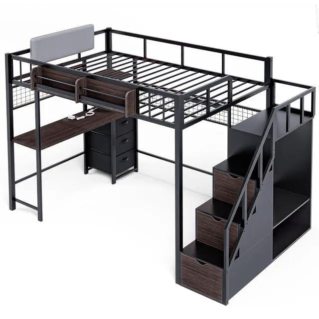 Alt view image 3 of 7 - Twin Loft Bed with Desk, Storage Stairs & Wardrobe, Metal Loft Bed Frame w/Headboard, Bedside Shelf, Charging Station & 6 Drawers, LED Gaming Bed for Adult Space-Saving, Black & Walnut