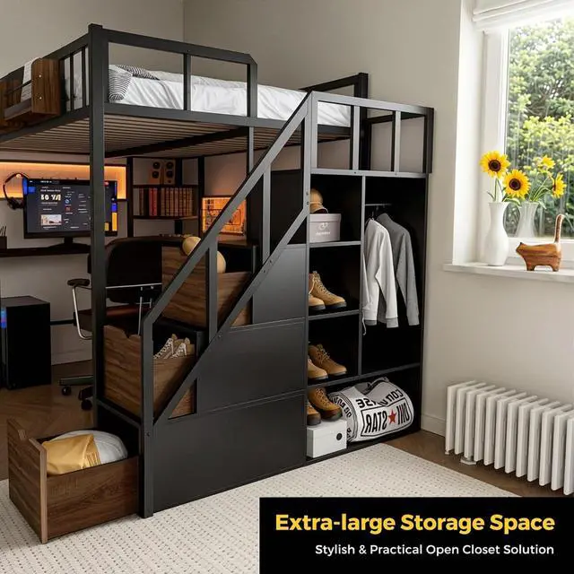 Alt view image 7 of 7 - Full Size Loft Bed with Desk and Stairs, Headboard, Wardrobe, Bedside Storage Shelf, 6 Drawers, Charging Station & LED Light, Metal Gaming Loft Bed Frame for Adult Space-Saving, Black & Walnut