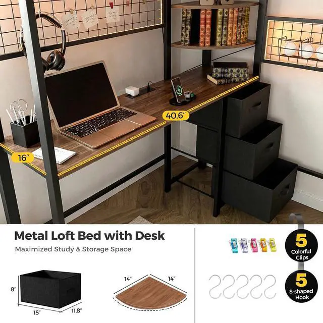 Alt view image 6 of 7 - Twin Loft Bed with Desk, Storage Stairs & Wardrobe, Metal Loft Bed Frame w/Headboard, Bedside Shelf, Charging Station & 6 Drawers, LED Gaming Bed for Adult Space-Saving, Black & Walnut