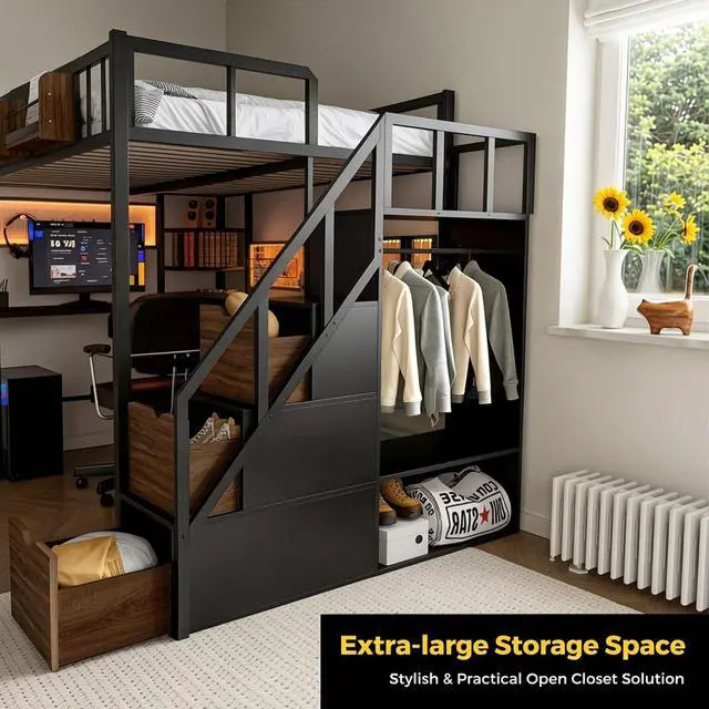 Alt view image 7 of 7 - Twin Loft Bed with Desk, Storage Stairs & Wardrobe, Metal Loft Bed Frame w/Headboard, Bedside Shelf, Charging Station & 6 Drawers, LED Gaming Bed for Adult Space-Saving, Black & Walnut