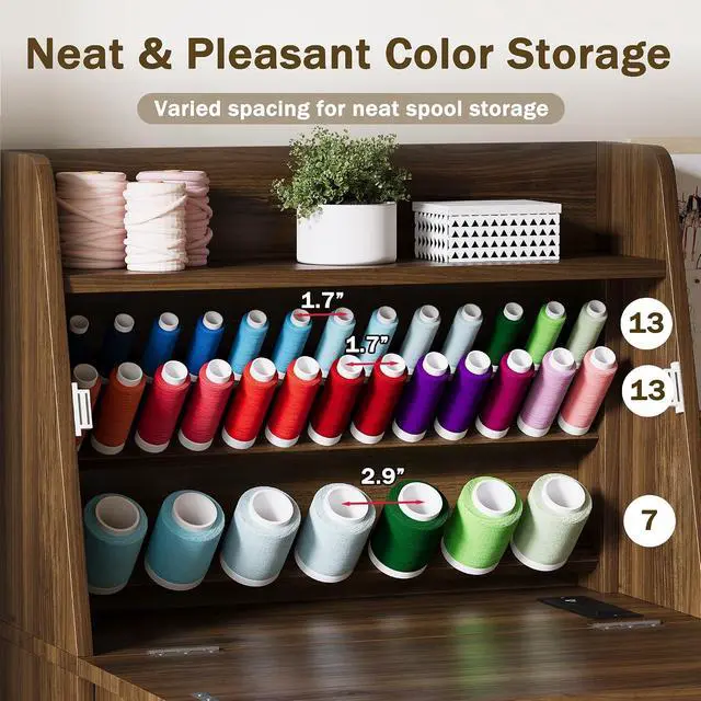 Alt view image 4 of 7 - Foldable Sewing Machine Cabinet, Sewing Table with Storage for Small Spaces | 33-Spool Thread Organizer, Adjustable LED Lighting, USB & AC Charging Station, Foldable Space Saving Design, Storage Shelv