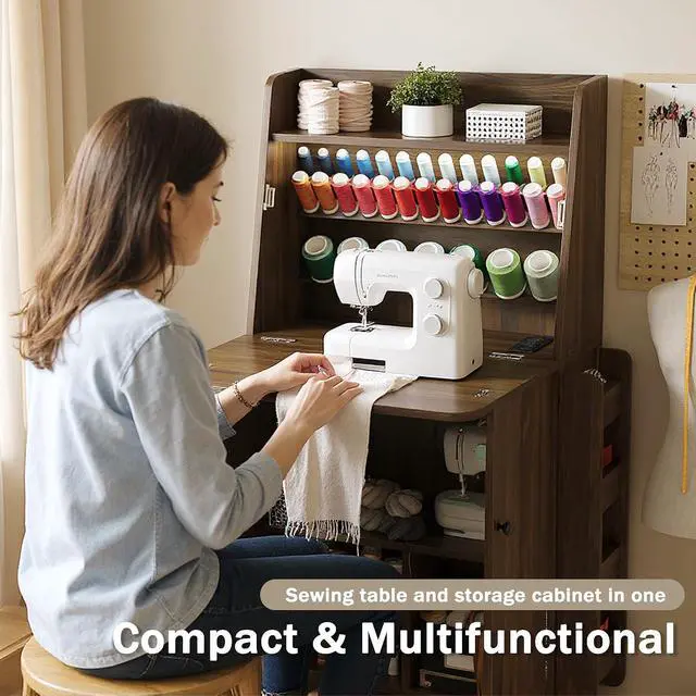 Alt view image 6 of 7 - Foldable Sewing Machine Cabinet, Sewing Table with Storage for Small Spaces | 33-Spool Thread Organizer, Adjustable LED Lighting, USB & AC Charging Station, Foldable Space Saving Design, Storage Shelv