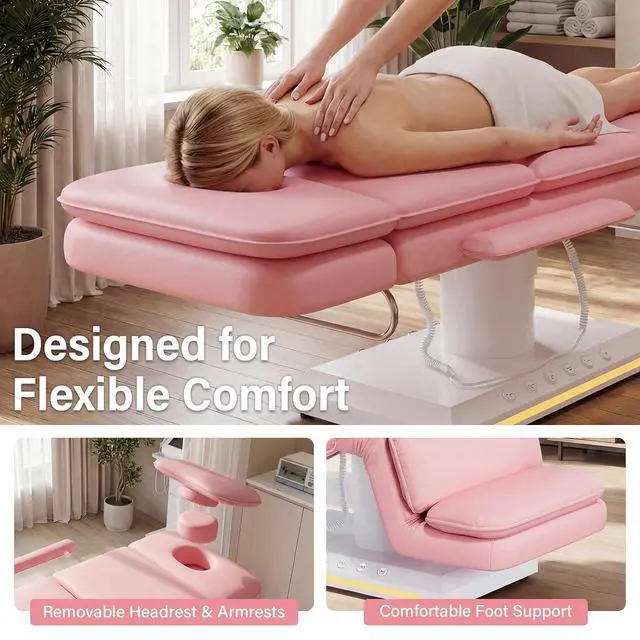 Alt view image 6 of 7 - Electric Massage Table w/Stool, 3 Motor Professional Spa Bed, Foot Pedal & Remote Control, Height Adjustable Wide Facial Table for Salon & Spa (Pink | with Rolling Stool)