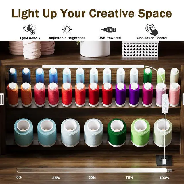 Alt view image 7 of 7 - Foldable Sewing Machine Cabinet, Sewing Table with Storage for Small Spaces | 33-Spool Thread Organizer, Adjustable LED Lighting, USB & AC Charging Station, Foldable Space Saving Design, Storage Shelv