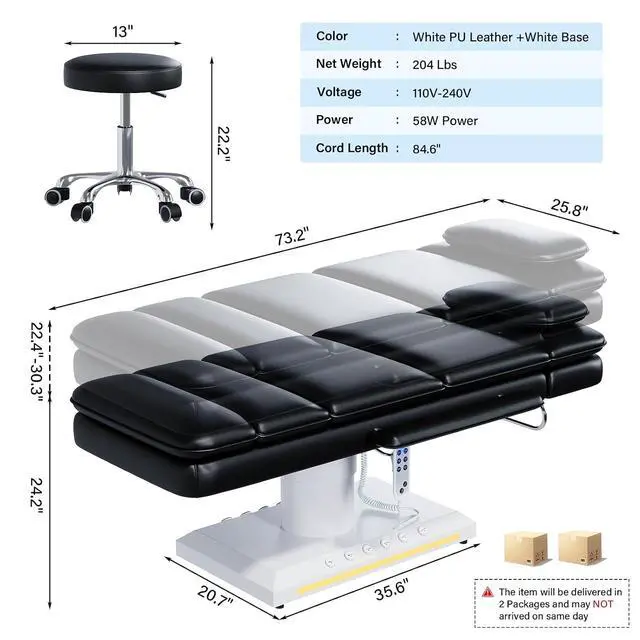 Alt view image 2 of 7 - Electric Massage Table w/Stool, 3 Motor Professional Spa Bed, Foot Pedal & Remote Control, Height Adjustable Wide Facial Table for Salon & Spa (Black | with Rolling Stool)