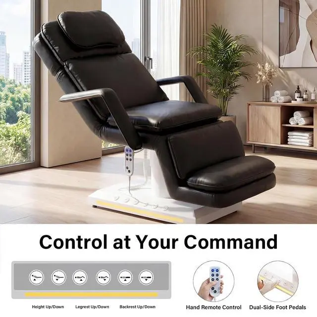 Alt view image 4 of 7 - Electric Massage Table w/Stool, 3 Motor Professional Spa Bed, Foot Pedal & Remote Control, Height Adjustable Wide Facial Table for Salon & Spa (Black | with Rolling Stool)