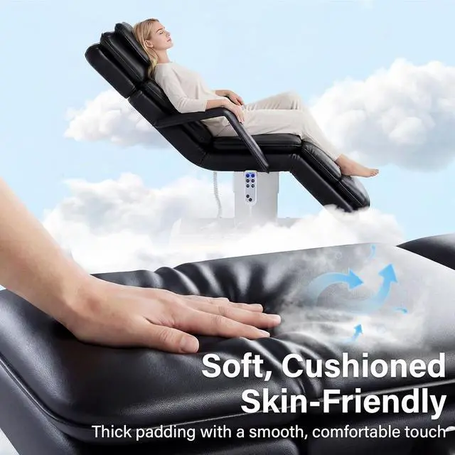 Alt view image 5 of 7 - Electric Massage Table w/Stool, 3 Motor Professional Spa Bed, Foot Pedal & Remote Control, Height Adjustable Wide Facial Table for Salon & Spa (Black | with Rolling Stool)