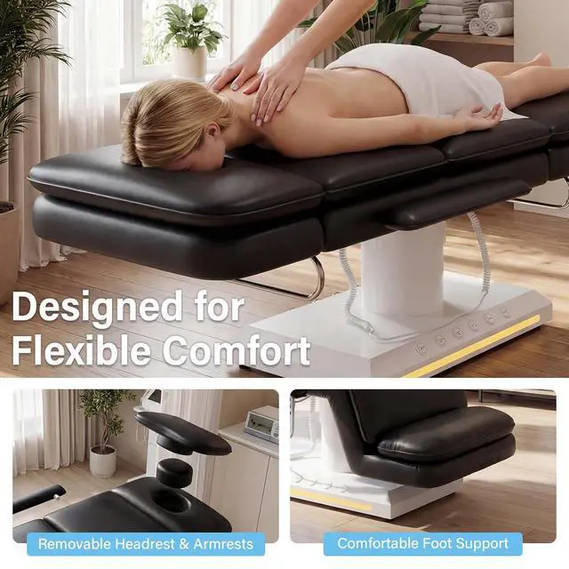 Alt view image 6 of 7 - Electric Massage Table w/Stool, 3 Motor Professional Spa Bed, Foot Pedal & Remote Control, Height Adjustable Wide Facial Table for Salon & Spa (Black | with Rolling Stool)