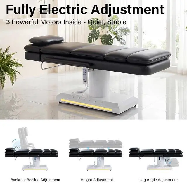 Alt view image 3 of 7 - Electric Massage Table w/Stool, 3 Motor Professional Spa Bed, Foot Pedal & Remote Control, Height Adjustable Wide Facial Table for Salon & Spa (Black | with Rolling Stool)