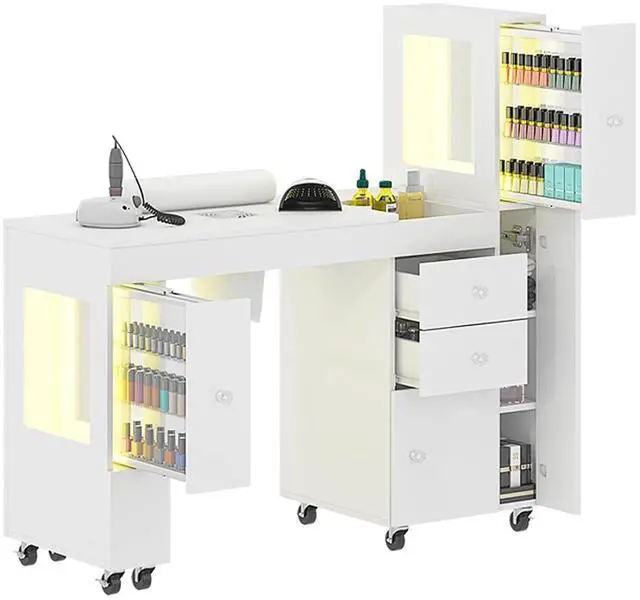 Main image of Manicure Table for Nail Tech w/ LED Light Display Cabinet, Nail Desk with Lockable Wheels, Dust Collector, Drawers, Wrist Rest, Acetone-Resistant, for Beauty Salon, Spa & Home Workstation (White)