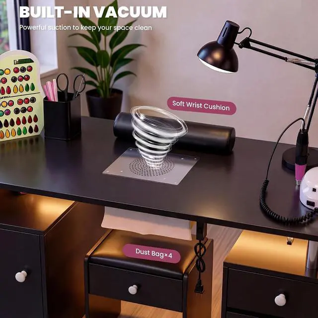 Alt view image 3 of 7 - Nail Desk & Storage Stool Set for Nail Tech, Manicure Table w/Electric Dust Collector, LED Lights, Rolling Wheels, Hidden Storage Seat, Acetone Resistant, Professional Salon Workstation (Black)