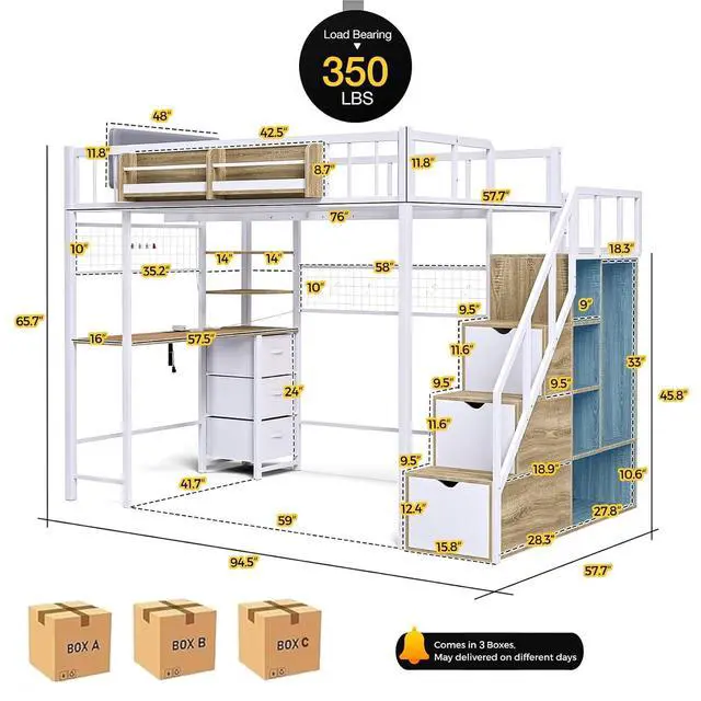 Alt view image 3 of 7 - Full Size Loft Bed with Desk and Stairs, Headboard, Wardrobe, Bedside Storage Shelf, 6 Drawers, Charging Station & LED Light, Metal Gaming Loft Bed Frame for Adult Space-Saving