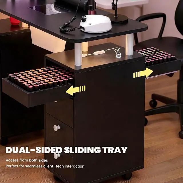 Alt view image 5 of 7 - Nail Desk & Storage Stool Set for Nail Tech, Manicure Table w/Electric Dust Collector, LED Lights, Rolling Wheels, Hidden Storage Seat, Acetone Resistant, Professional Salon Workstation (Black)