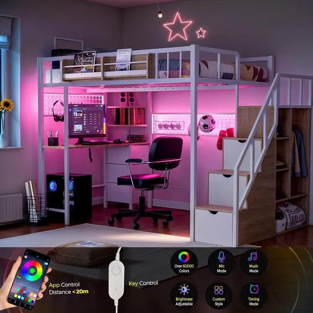 Alt view image 2 of 7 - Full Size Loft Bed with Desk and Stairs, Headboard, Wardrobe, Bedside Storage Shelf, 6 Drawers, Charging Station & LED Light, Metal Gaming Loft Bed Frame for Adult Space-Saving