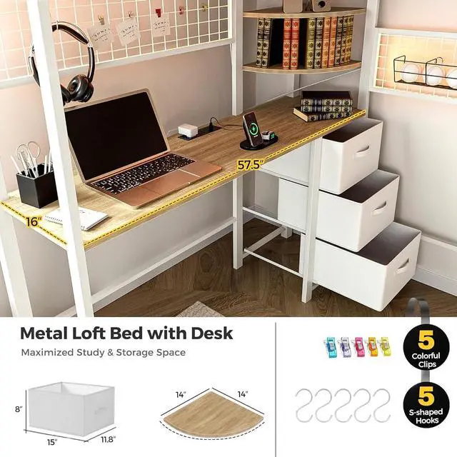 Alt view image 4 of 7 - Full Size Loft Bed with Desk and Stairs, Headboard, Wardrobe, Bedside Storage Shelf, 6 Drawers, Charging Station & LED Light, Metal Gaming Loft Bed Frame for Adult Space-Saving