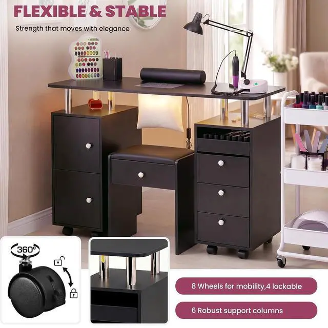 Alt view image 6 of 7 - Nail Desk & Storage Stool Set for Nail Tech, Manicure Table w/Electric Dust Collector, LED Lights, Rolling Wheels, Hidden Storage Seat, Acetone Resistant, Professional Salon Workstation (Black)