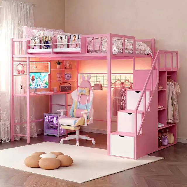 Main image of Full Size Loft Bed with Desk and Stairs, Headboard, Wardrobe, Bedside Storage Shelf, 6 Drawers, Charging Station & LED Light, Metal Gaming Loft Bed Frame for Adult Space-Saving