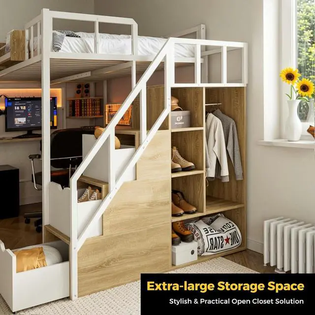 Alt view image 7 of 7 - Full Size Loft Bed with Desk and Stairs, Headboard, Wardrobe, Bedside Storage Shelf, 6 Drawers, Charging Station & LED Light, Metal Gaming Loft Bed Frame for Adult Space-Saving
