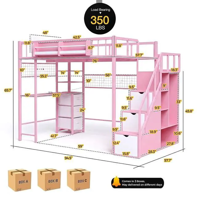 Alt view image 2 of 7 - Full Size Loft Bed with Desk and Stairs, Headboard, Wardrobe, Bedside Storage Shelf, 6 Drawers, Charging Station & LED Light, Metal Gaming Loft Bed Frame for Adult Space-Saving