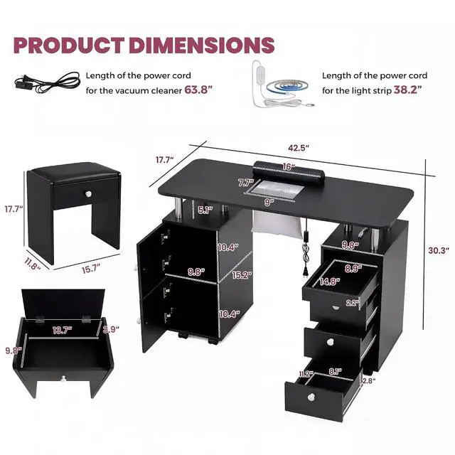 Alt view image 7 of 7 - Nail Desk & Storage Stool Set for Nail Tech, Manicure Table w/Electric Dust Collector, LED Lights, Rolling Wheels, Hidden Storage Seat, Acetone Resistant, Professional Salon Workstation (Black)