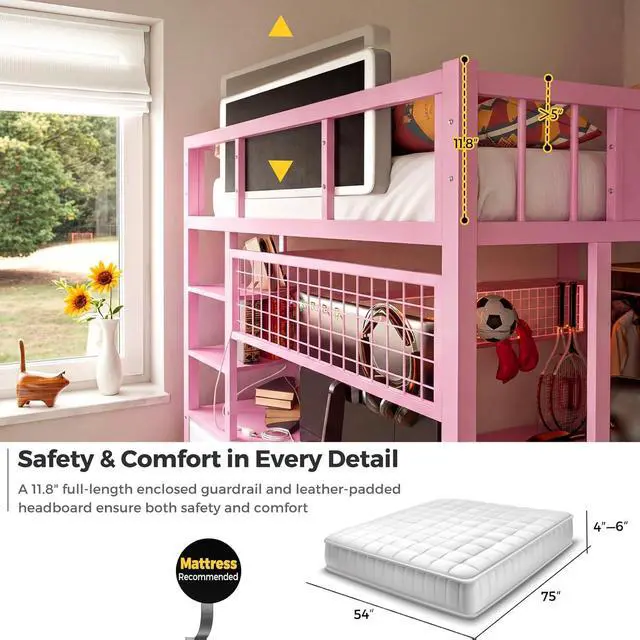 Alt view image 4 of 7 - Full Size Loft Bed with Desk and Stairs, Headboard, Wardrobe, Bedside Storage Shelf, 6 Drawers, Charging Station & LED Light, Metal Gaming Loft Bed Frame for Adult Space-Saving