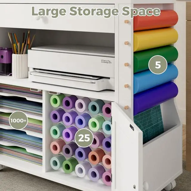Alt view image 4 of 7 - Rolling Craft Storage Cabinet for Cricut Machine | Organizer Cabinet with Drawers, 30 Vinyl Roll Holder, Mobile Workstation for Home Craft Room