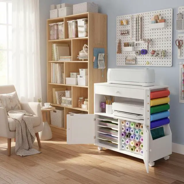 Alt view image 7 of 7 - Rolling Craft Storage Cabinet for Cricut Machine | Organizer Cabinet with Drawers, 30 Vinyl Roll Holder, Mobile Workstation for Home Craft Room