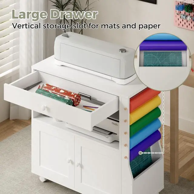 Alt view image 5 of 7 - Rolling Craft Storage Cabinet for Cricut Machine | Organizer Cabinet with Drawers, 30 Vinyl Roll Holder, Mobile Workstation for Home Craft Room