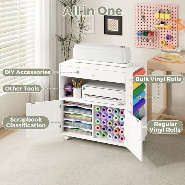 Alt view image 3 of 7 - Rolling Craft Storage Cabinet for Cricut Machine | Organizer Cabinet with Drawers, 30 Vinyl Roll Holder, Mobile Workstation for Home Craft Room