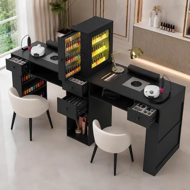 Main image of Double Manicure Table with Dust Collector, Two Person Nail Desk for Nail Tech, Nail Salon Table with LED Light Cabinet, Storage Drawers, Hand Rest, for Professional Beauty Salon Workstation (Black)