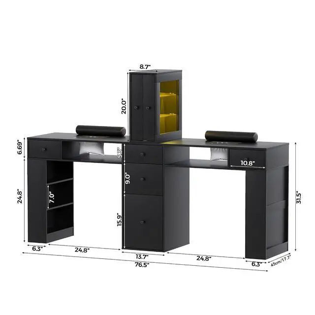 Alt view image 2 of 7 - Double Manicure Table with Dust Collector, Two Person Nail Desk for Nail Tech, Nail Salon Table with LED Light Cabinet, Storage Drawers, Hand Rest, for Professional Beauty Salon Workstation (Black)