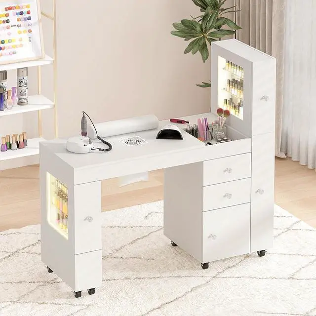 Alt view image 2 of 7 - Manicure Table for Nail Tech w/ LED Light Display Cabinet, Nail Desk with Lockable Wheels, Dust Collector, Drawers, Wrist Rest, Acetone-Resistant, for Beauty Salon, Spa & Home Workstation (White)