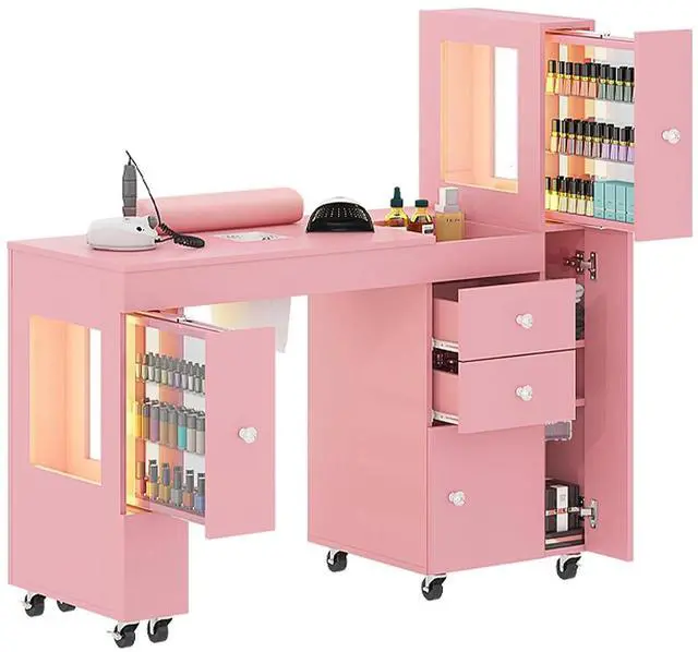 Main image of Manicure Table for Nail Tech w/ LED Light Display Cabinet, Nail Desk with Lockable Wheels, Dust Collector, Drawers, Wrist Rest, Acetone-Resistant, for Beauty Salon, Spa & Home Workstation (Pink)
