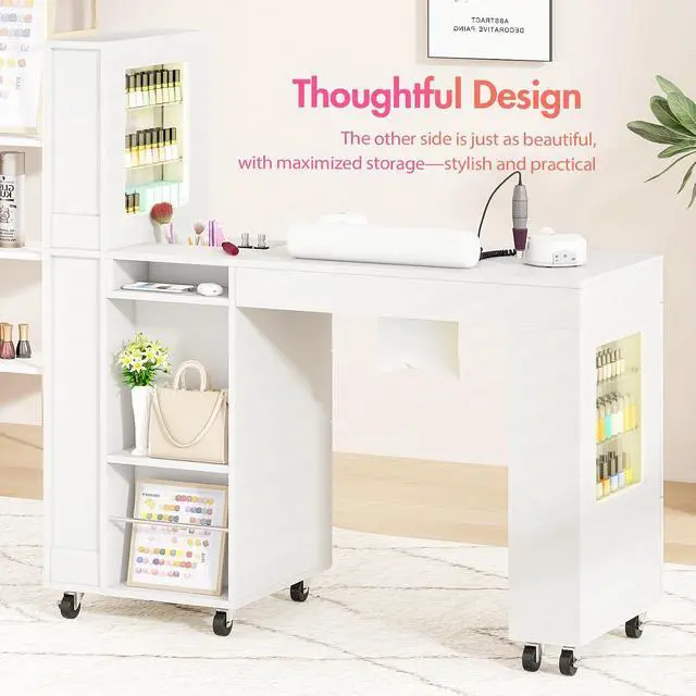 Alt view image 7 of 7 - Manicure Table for Nail Tech w/ LED Light Display Cabinet, Nail Desk with Lockable Wheels, Dust Collector, Drawers, Wrist Rest, Acetone-Resistant, for Beauty Salon, Spa & Home Workstation (White)