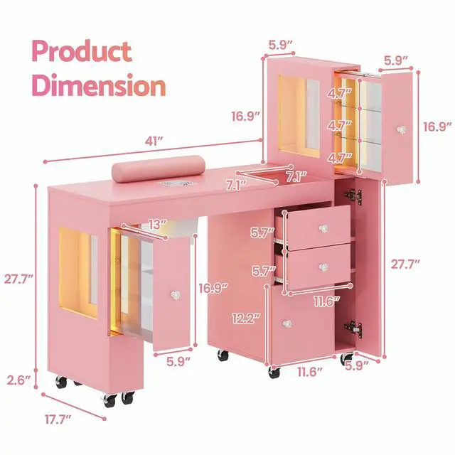 Alt view image 3 of 7 - Manicure Table for Nail Tech w/ LED Light Display Cabinet, Nail Desk with Lockable Wheels, Dust Collector, Drawers, Wrist Rest, Acetone-Resistant, for Beauty Salon, Spa & Home Workstation (Pink)