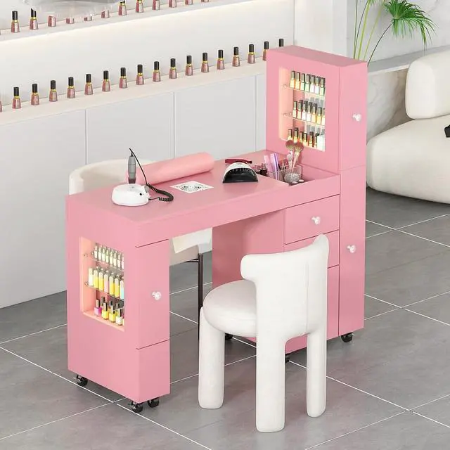Alt view image 2 of 7 - Manicure Table for Nail Tech w/ LED Light Display Cabinet, Nail Desk with Lockable Wheels, Dust Collector, Drawers, Wrist Rest, Acetone-Resistant, for Beauty Salon, Spa & Home Workstation (Pink)